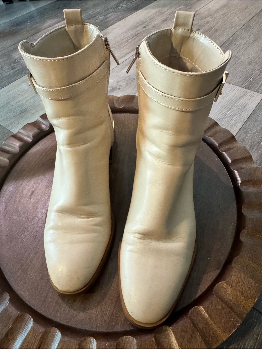 Calvin Klein Cream Ankle Boots with Side Zip & Buckle